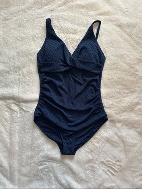 Textured Navy One-Piece Swimsuit with Twist Front